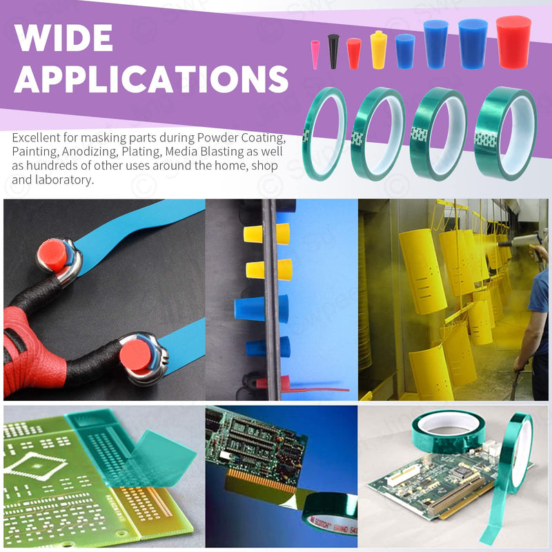 [Australia - AusPower] - Swpeet 104Pcs 36 Yards 4 Sizes 1/4",1/2", 7/10", 1" Green Powder Coating Masking PET Tape with High Temp Silicone Rubber Protective Tapered Plug Assortment Kit for Painting, Powder Coating 104 