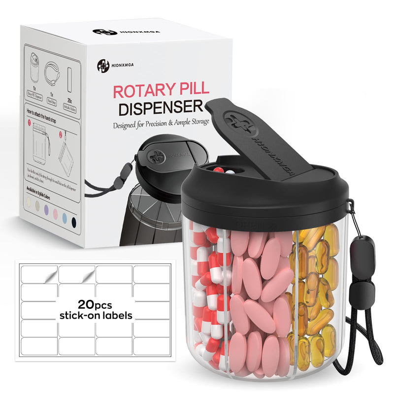 [Australia - AusPower] - Pill Dispenser with 7 Large Compartments, Pill Bottle Organizer for Travel, Supplement Organizer with Anti-Mixing Design, BPA-Free Pill Container with 20 Pcs Labels, Black Transparent Black 