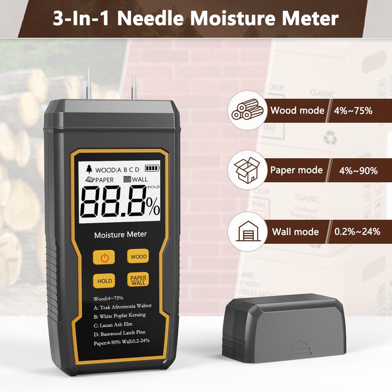 [Australia - AusPower] - Wood Moisture Meter, 2 Pins Moisture Meter for Drywall, Humidity Tester for Wood, Backlit LCD Display with Audible and Visual, for Wood, Wall, Cardboard, Drywall, Paper, Packing Materials 