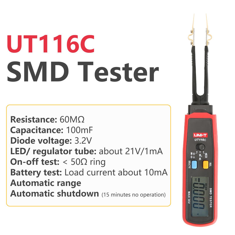 [Australia - AusPower] - UNI-T UT116C Digital Tweezers Smart SMD Tester 36V Electrical Multimeter Resistance Capacitance Continuity Diode Test Meter 