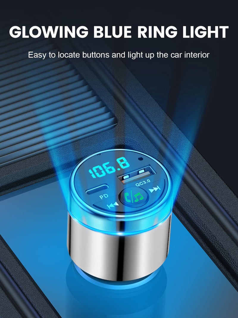 [Australia - AusPower] - FM Transmitter for Car Bluetooth 5.3, [All-Metal] PD 30W & QC3.0 18W Fast Car Charger, Wireless FM Radio Car Kit Bluetooth Car Adapter, Noise Cancelling Hands-Free Call, Blue Light - Silver 