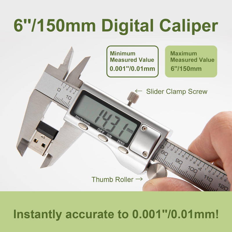 [Australia - AusPower] - All-Metal Digital Caliper 0-6"Measuring Tool, Micrometer Caliper with Auto-Off Feature, Interchangeable Between inches and millimeters for DIY/Household and 3D Printing 6" Stainless Steel 