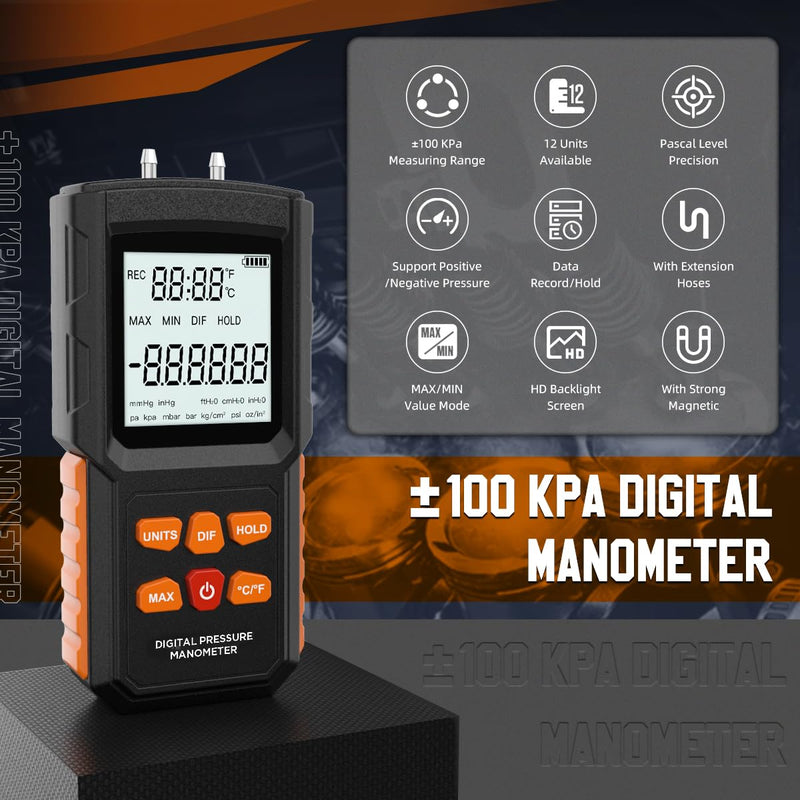 [Australia - AusPower] - Manometer, ±100 KPa Digital Manometer HVAC 12 Units Gas Pressure Tester ± 0.15% FSO Accuracy Updated Manometer with More Accessories 