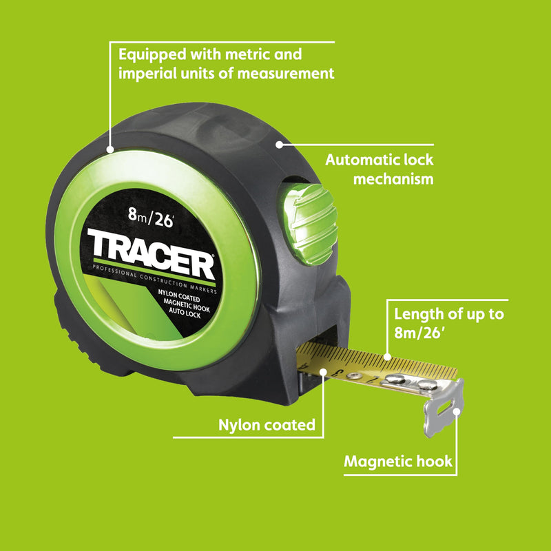 [Australia - AusPower] - TRACER 8 m Automatic Locking Tape (Nylon Coated Tape Measure with Magnetic Hook and Automatic Locking Function) 