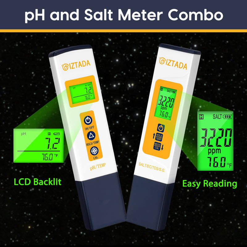 [Australia - AusPower] - pH Meter and Salinity Meter Combo for Saltwater Pool 6 in 1 pH Salt SG EC TDS Temp Meter for Reef Aquarium Seawater Tank Koi Fish Pond PPM and pH Water Tester for Hydroponics Nutrients Growing pH Salinity Tester Combo 