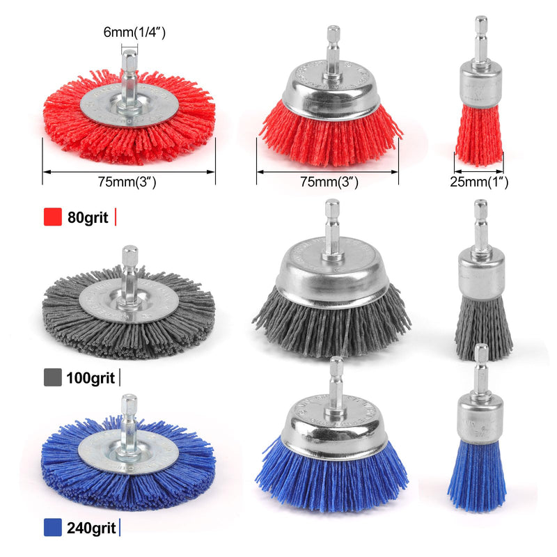 POLIWELL Nylon Filament Brush 9 Pack, Abrasive Wire Brush Wheel & Cup Brush Set, Drill Bit Sanding Brush with 1/4 Hex Shank for Steel Rust Removing, Grill Cleaning, Flaking Paint Refinishing