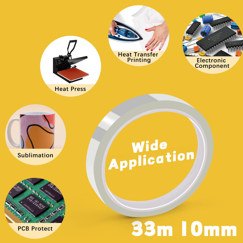 HTVRONT Heat Tape for Sublimation, 4 Rolls 10mm x33m 108ft Heat Resistant Tape for Heat Press, Heat Transfer Tape Thermal Tape for Electronics & Heat Vinyl Press Tape No Residue(Transparent) 10mm*33m