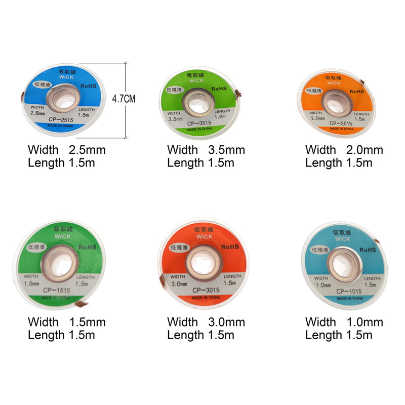 6 Desoldering Braids Desoldering Wire Soldering Wick Soldering Braid Wire Solder Wick Remover for Soldering Iron Station (1.0/1.5/2.0/2.5/3.0/3.5 mm)