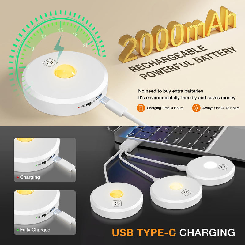 [Australia - AusPower] - Puck Lights with Remote Control Rechargeable,Wireless Under Cabinet Lighting,2000mAh Battery Operated Tap Push Touch Lights,Stick On Lights for Counter,Shelf,Bookcase (White, 3 Pcs) 3 PACK White 
