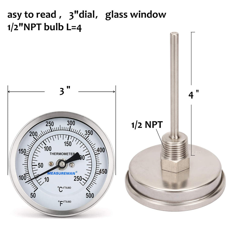 [Australia - AusPower] - Measureman Fully Stainless Steel Bimetal Dial Thermometer, 3" Dial, 4" Stem, 50-500 deg F/10-260 deg C, -1% Accuracy, Adjustable, 1/2" NPT Back Mount 
