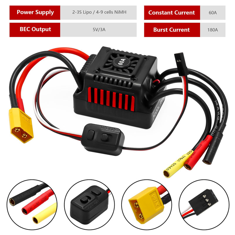 [Australia - AusPower] - Hobby Fans Upgraded 60A Brushless ESC 2-3S Electronic Speed Controller with Programming Card Waterproof ESC for 1/10 Remote Control Car Truck 