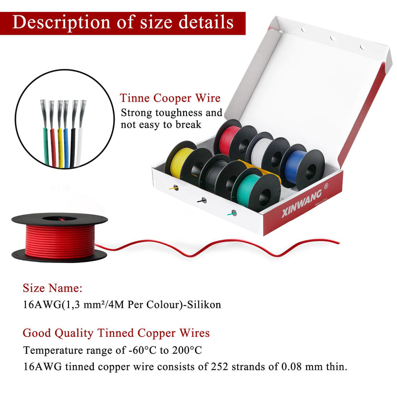 Xinwang 16AWG 1.3mm² Silicone Cable Set, 6 Colours, 4 m Each Colour | Flexible tinned copper wire for electronics, RC models, LED, lamps and DIY enthusiasts 16AWG(1,3 mm²/4M)-Silikon