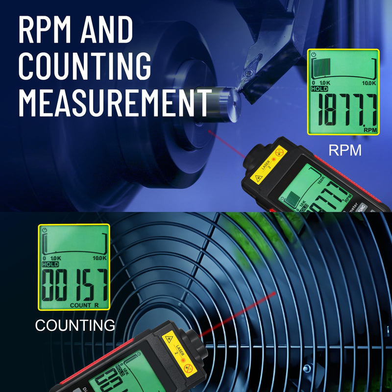 [Australia - AusPower] - Digital RPM Tachometer Check for RPM & Counting, 10-99999 RPM High Precision Laser Non Contact Tachometer RPM Meter Tester with Reflection Tape, Backlit Large LCD, Data Hold, and Max/Min/AVG Function 