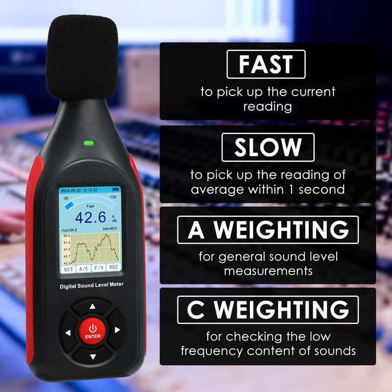 [Australia - AusPower] - Decibel Meter, Digital Sound Level Meter with Data Logging, 3-Color Alarm, A/C Weighted, HD Screen, 30-130dB Range, Rechargeable SPL Meter for Home, Classroom, Office, Factory 
