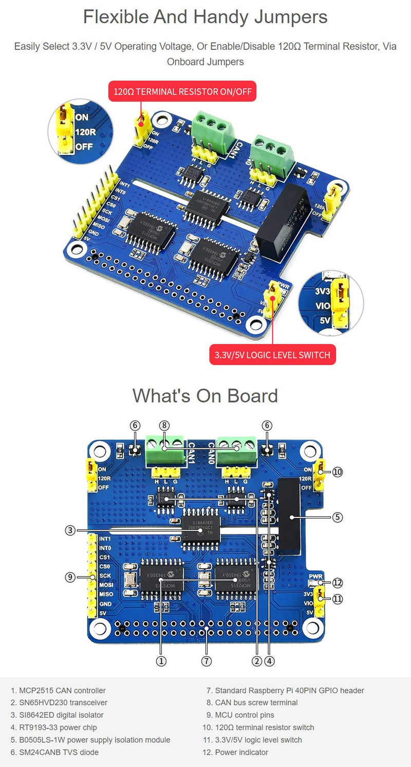 [Australia - AusPower] - Waveshare 2-Channel Isolated CAN Expansion Hat for Raspberry Pi with MCP2515 + SN65HVD230 Dual Chips Solution and Multi Onboard Protection Circuits 