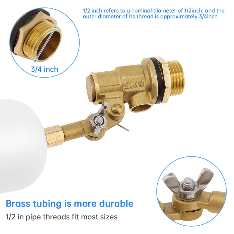[Australia - AusPower] - 2 Pcs 1/2 Inch Brass Float Valve, Automatic Water Level Control High Pressure Adjustable Arm Over 180 degreesfor Water Tanks, Fountain Float, Livestock Troughs 
