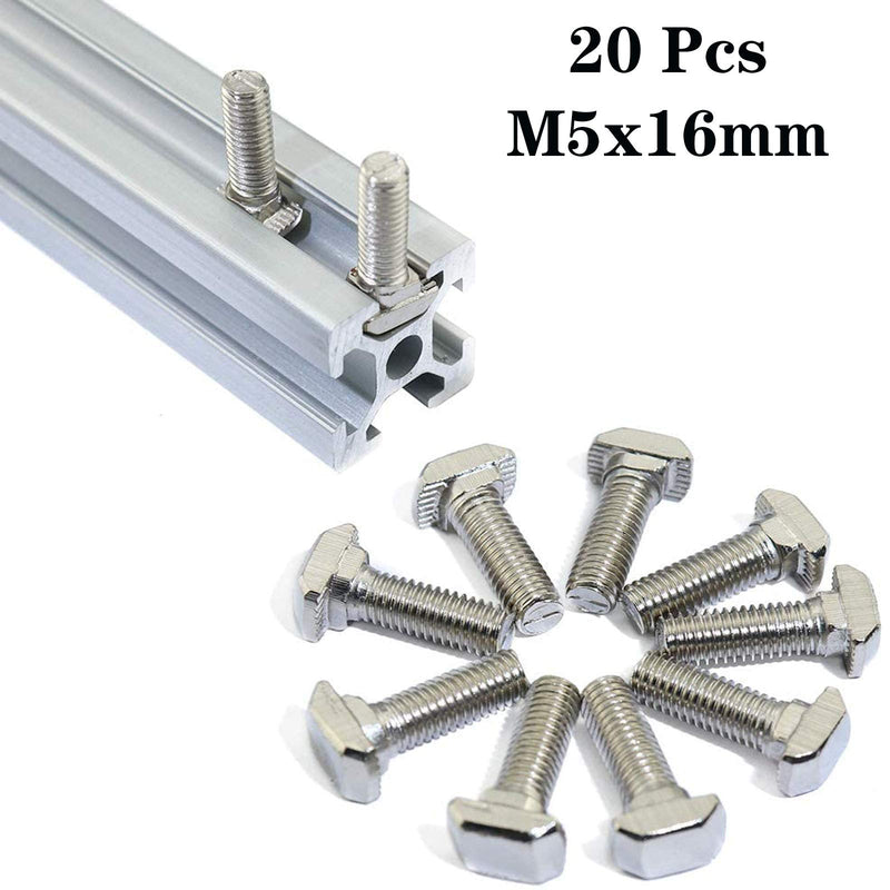 [Australia - AusPower] - 20 Pcs M5 x 16mm Thread T Slot Drop-in Bolt T-Bolt Hammer Head Bolt T Screw Stud for 2020 Series Standard 6mm T-Slot Aluminum Extrusion Profile (2020 Series) M5x16mm 