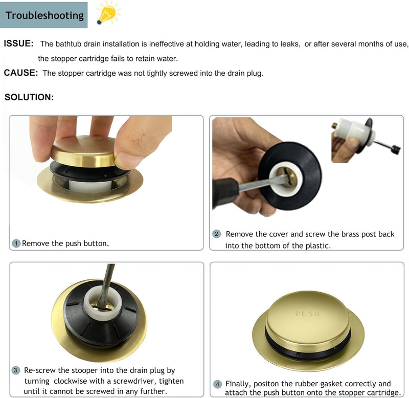 Tip-Toe Bathtub Drain Kit with Two-Hole Overflow Plate, Premium Quality Bath Tub Drain Replacement fits for All Bathtub, Universal Fine/Coarse Thread Bathtub Stopper (Brushed Gold) Brushed Gold