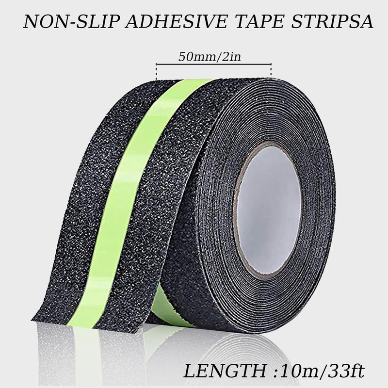 kingsea Anti Slip Safety Grip Tape with Glow in Dark Stripe, Anti Slip Traction Tape 2" x 33', Heavy Duty Anti Slip Tape for Stairs, Waterproof Safety Non Skid Roll for Steps Traction Tread Staircase Black&Green 2"×33'