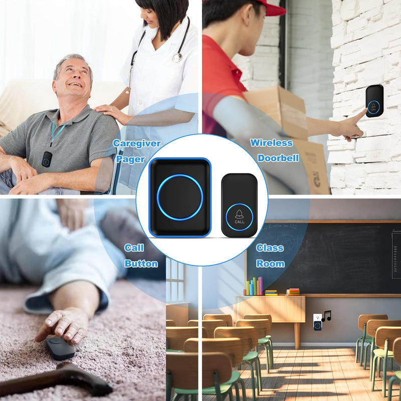 Caregiver Pager, FullHouse Wireless Call Button 1000+ Feet, SOS Alert Nurse Calling Elderly Fall Help System for Patient/Disabled Monitoring at Home, IP55 Waterproof 1 Call Button + 1 Plug-In Receiver Black