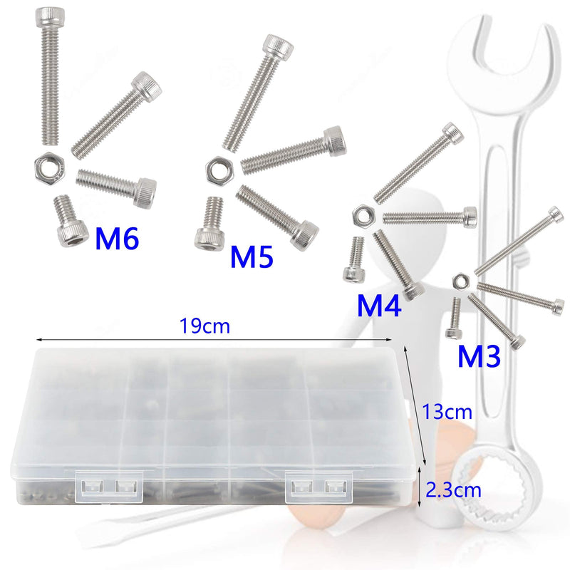 newlng Nuts and Bolts M3 M4 M5 M6 Nuts Kit 304 Stainless Steel Hex Socket Head Cap Metric Machine Screws Set for Bicycles 3D Printer Repair Furniture Fastening M3456-3