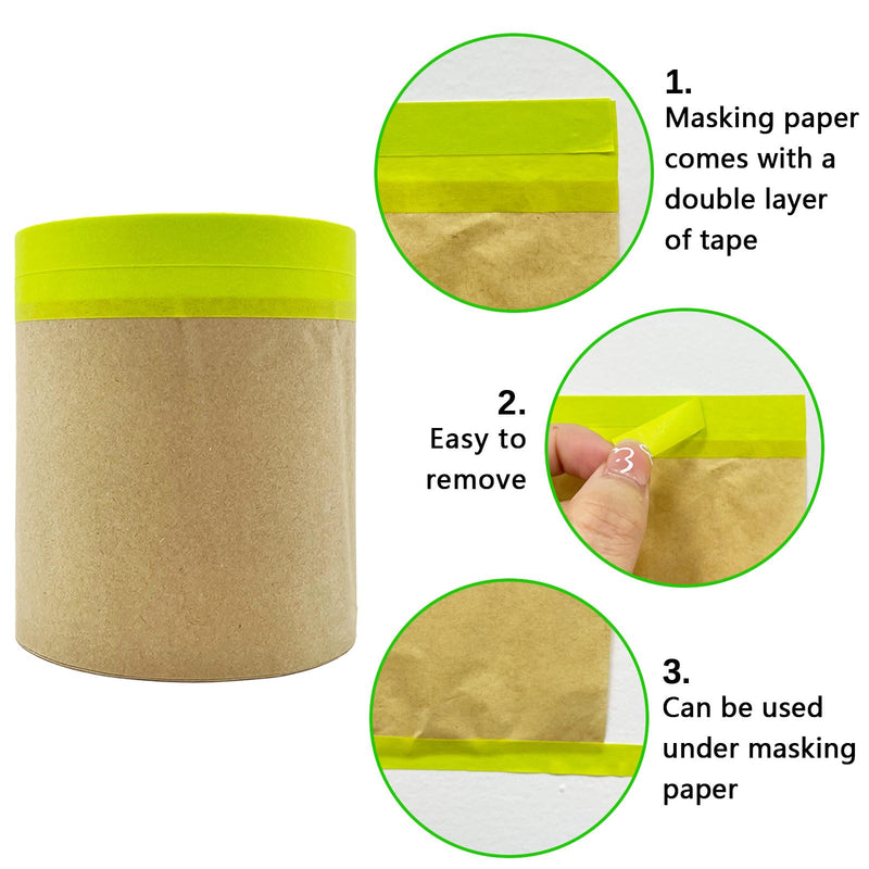 Pre-Taped Masking Paper for Painting, 6 inch x 50 feet Tape and Drape Painters Paper, Paint Adhesive Protective Paper Roll for Covering Skirting, Frames, Furniture and Auto Body (3 Rolls) Green 50ftx6in x3