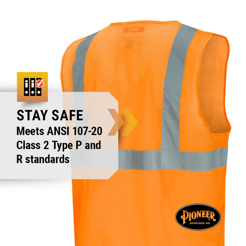 Pioneer Hi Vis Mesh Safety Vest for Men & Women - Reflective Tape - Class 2 - Traffic, Public Safety, Security - Orange