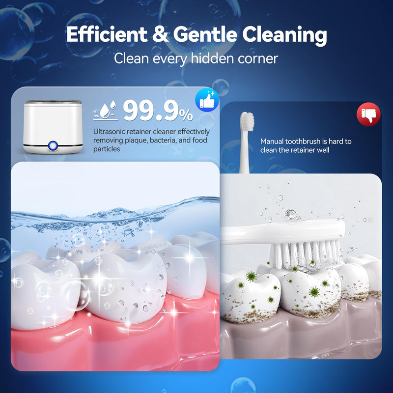 [Australia - AusPower] - Ultrasonic Retainer Cleaner, 48kHz Retainer Cleaner Machine for Dentures, Mouthguard, Braces, Night Guard, Toothbrush, Jewelry with 7.8OZ Dental Cleaning Pod-Cool White Cool White 