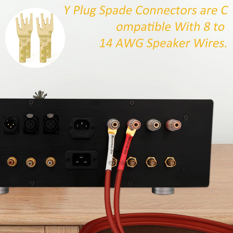 Monosaudio Spade Plug Connectors, Pure Copper 45 Degree Screw Locking Y Spade Plug Connector, 8pcs Speaker Wire Spade Terminal with Heat Shrink Tubes for 6-15Awg DIY Speaker Cable, Gold Plated
