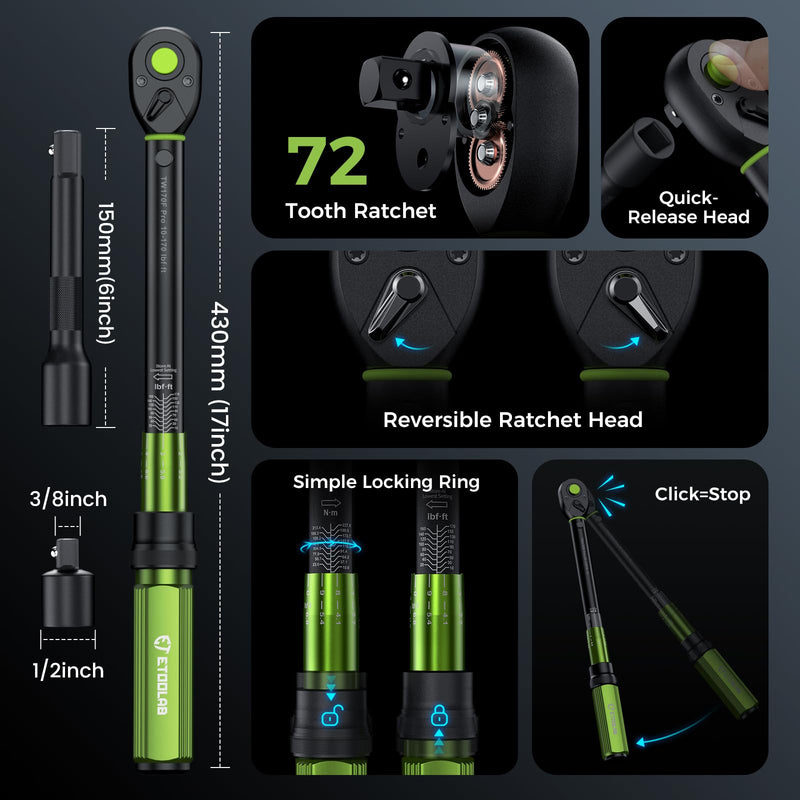 [Australia - AusPower] - 1/2 Drive Click Torque Wrench Dual-Range?10-170.0ft.lb/10-227Nm?±3% Precision Torque Wrench 1/2 Drive, 72 Tooth Dual-Direction Adjustable Torque Wrench for Bicycle, Moto, Car Maintenance 3 Pcs 1/2 Inch (10-170 ft.-lb.) 3 Pcs 