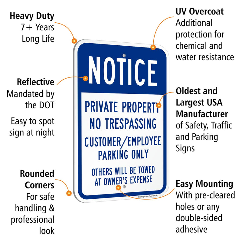 SmartSign Notice Private Property No Trespassing Customer/Employee Parking Only Sign - 12" x 18", 120 mil Aluminum Composite (ACM), Engineer Grade Reflective Material, Blue and White, Made in USA