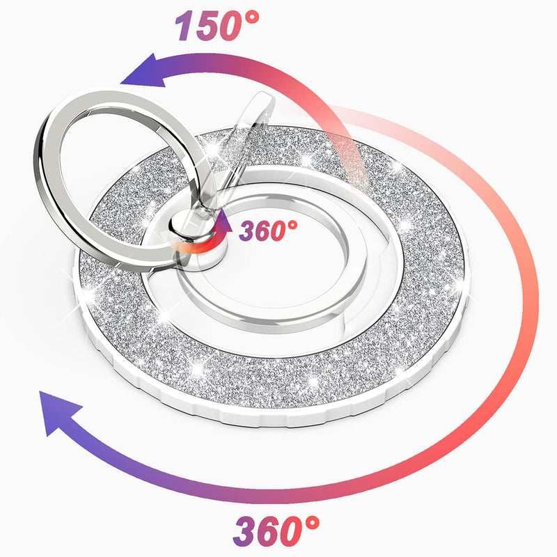[Australia - AusPower] - Magnetic Phone Ring Holder for magsafe, Glitter Magnetic Grip Compatible with iPhone 15 14 13 12 Pro max,Pro,Plus,Mini Mag Safe Accessories,Adjustable Kickstand Wireless Charging,Silver Glitter Silver 