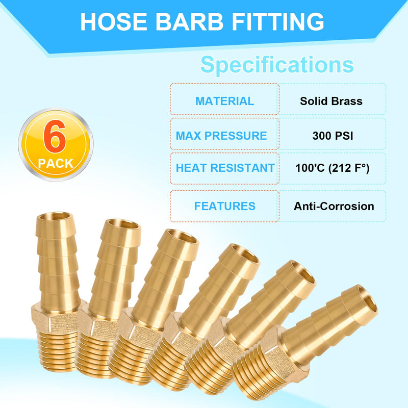 [Australia - AusPower] - 6 Pcs Brass Hose Barb Fittings, 1/4 NPT to 3/8 Barb, Barbed Hose Fittings, Male Thread Hose Barb Adapter Connector, Hose Barb Fittings 