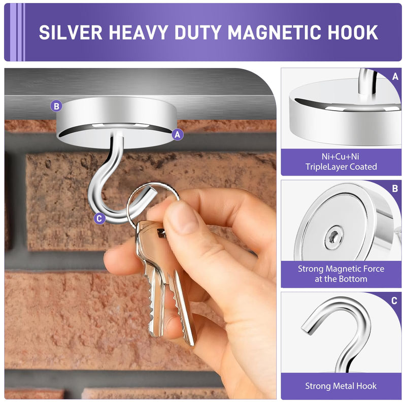 [Australia - AusPower] - Neosmuk Magnetic Hooks Heavy Duty,100lb Super Strong Magnet with Hooks for Cruise Cabins, Large Metal Hooks for Hanging on Fridge,Extra Strong Magnet Hanger for Ship Walls, 6 Pack Silver 1.18" Magnetic Hooks 
