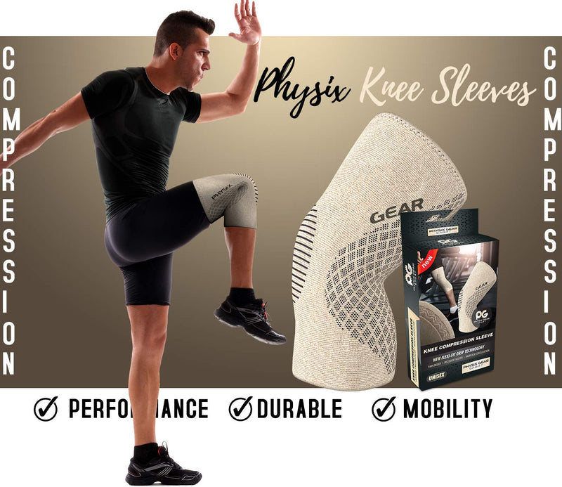 [Australia - AusPower] - Physix Gear Knee Compression Sleeve for Men & Women - Best Compression Knee Brace for Walking, Running, Gym, Basketball, Weightlifting,Workout, Sports - Knee sleeves Support Compression & Stability M Beige/Black 