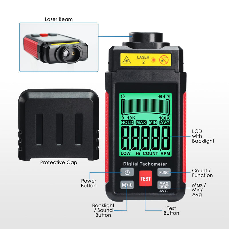 [Australia - AusPower] - Digital RPM Tachometer, Non Contact RPM Meter 10-99999 RPM High Accuracy Laser Tachometer Gauge with Reflection Tape, LCD Backlight, Data Hold & Max/Min/AVG Functions 