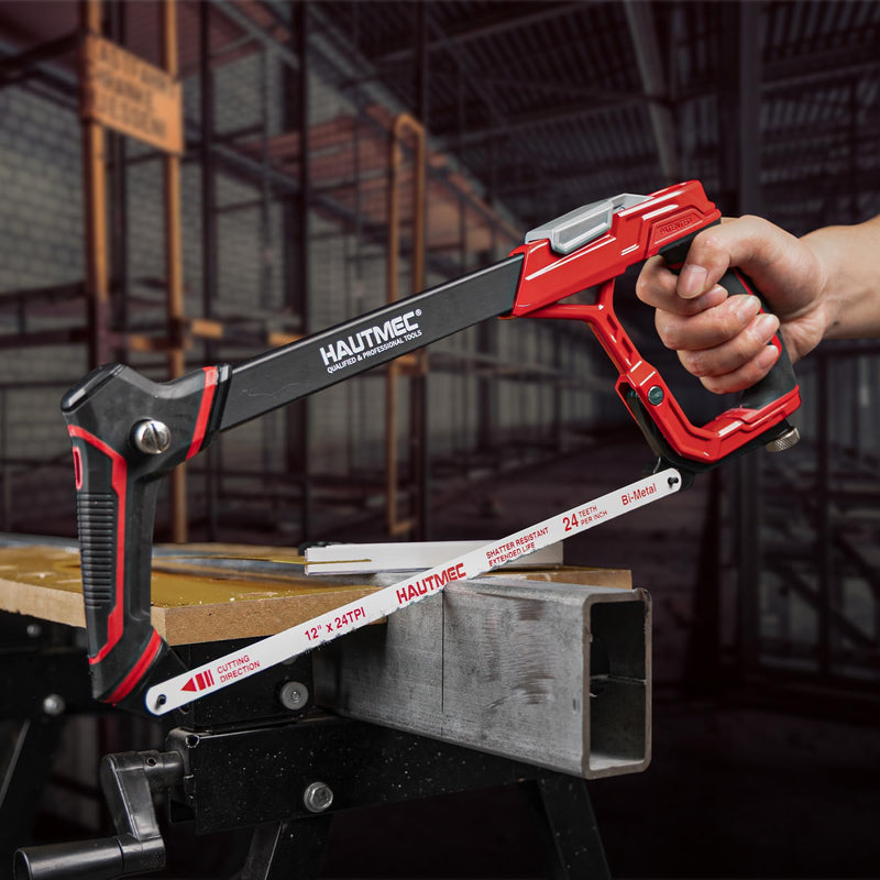 HAUTMEC 12" Fast High-Tension Hacksaw, Expert Metal Saw with 6 Bi-Metal Blades, Heavyweight Aluminum Frame, Ergonomic Non-Slip Handle, Blade Storage & Dual Cutting Angles (HTHSH25034) Expert Hacksaw