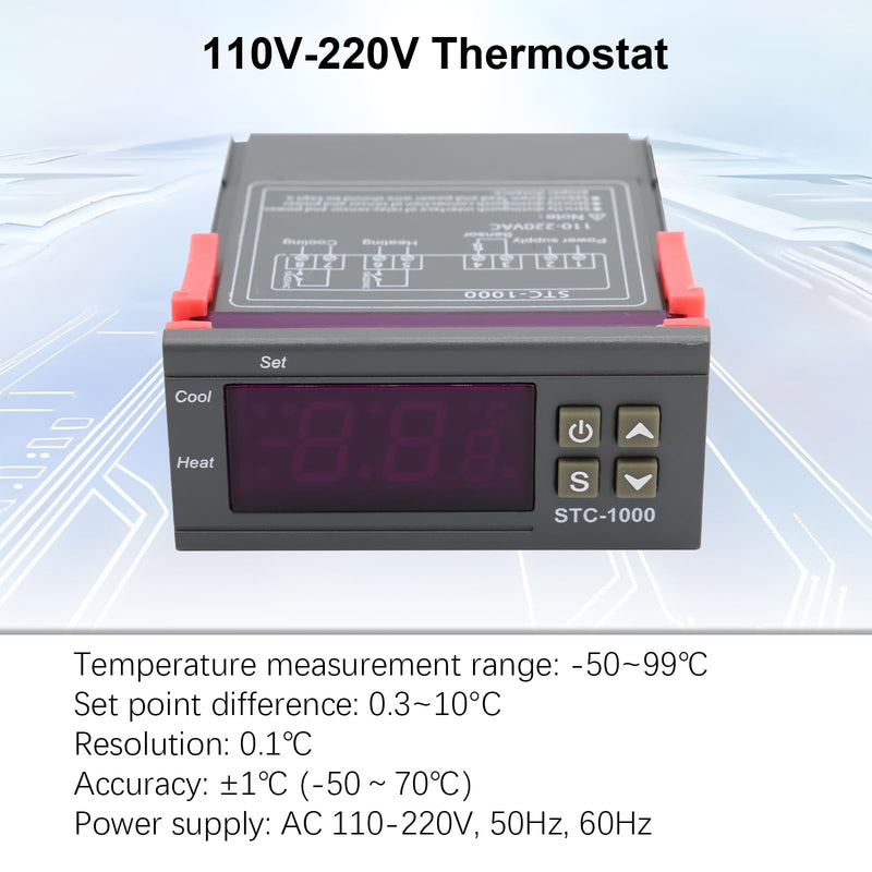 2 PCS 110V-220V Thermostat Fahrenheit/Celsius Digital Temperature Controller Thermostat Heating/Cooling Mode Electronic Digital Display Microcomputer Temperature Controller (with Probe)