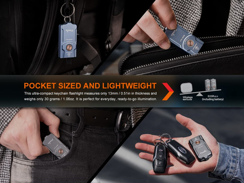 Fenix E03R v2.0 Keychain Flashlight, Blue, 500 Lumen Bright USB-C Rechargeable EDC with Red LED and Organizer