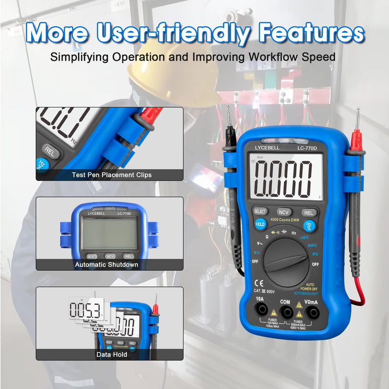 [Australia - AusPower] - Digital Multimeter Tester 4000 Counts, AC DC Volt Ohm Amp Meter Auto Ranging Circuit Electrical Tester Tools Test Voltage, Current, Resistance, Diodes, Batteries Automotive Multimeter Kit 