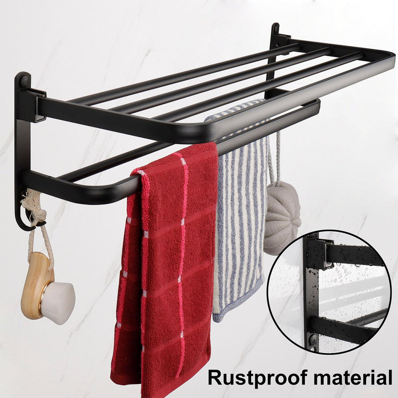 TocTen Towel Rack for Bathroom, Foldable Towel Holder with Double Towel Bars, Wall Mounted Premium Aluminum Bathroom Tower Shelf, Space-Saving Towel Hanger for Bathroom, Lavatory (Black,24 in) Black 1 Pcs 2 Hooks 24 In