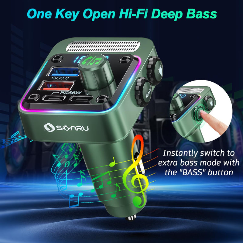 [Australia - AusPower] - Bluetooth 5.3 FM Transmitter Car Adapter - SONRU Car Charger 54W [PD 36W & QC3.0 18W], Wireless FM Radio Transmitter [HiFi Treble & Bass Player], 5 Colors LED Backlit, Hands-Free Calling, U-Disk FT1018-US 