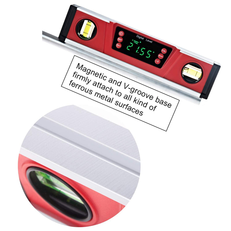 [Australia - AusPower] - 10-Inch Digital Torpedo Level and Protractor | Neodymium Magnets | Bright LED Display | V-GROOVE MAGNETIC BASE | IP54 Dust/Water Resistant smart level with Carrying Bag Red 