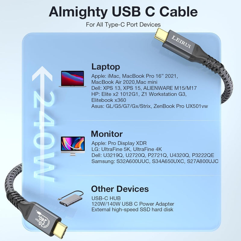 240W USB C to USB C Fast Charging Cable, 20Gbps Data Transfer & 4K Video, USB 3.2 Gen 2 Type C Cable for MacBook Pro/Air, iPad mini, Samsung Galaxy, iPhone 15/16/17 16.5FT