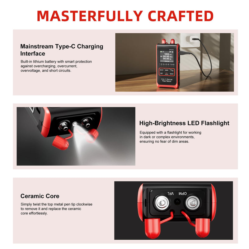 [Australia - AusPower] - Optical Power Meter Fiber Optic Cable Tester 4 in 1 Optical Fiber Light Power Meter, Portable Built-in 10mW Visual Fault Locator (OPM&VFL) Network Cable Tester, FC/SC/ST Universal Interface USB Charge NF-916 