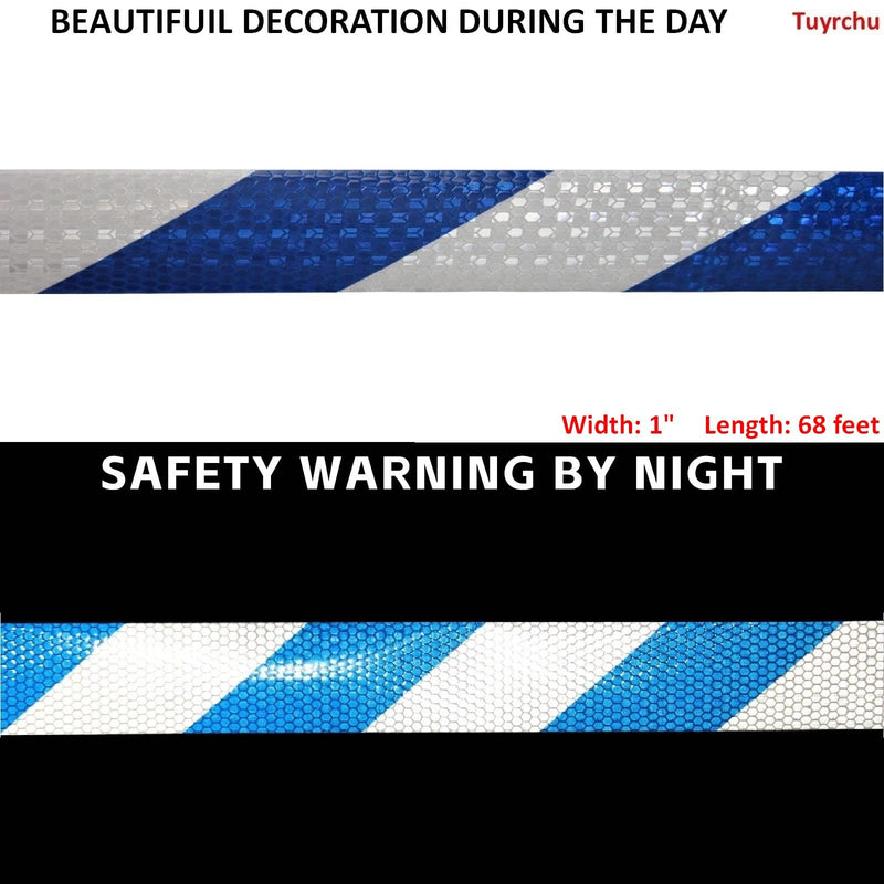 Reflective Tape Blue White 1 Inch x 68 Feet, Outdoor Waterproof Warning Reflector, Night Safety Stickers for Vehicles 1"X68ft