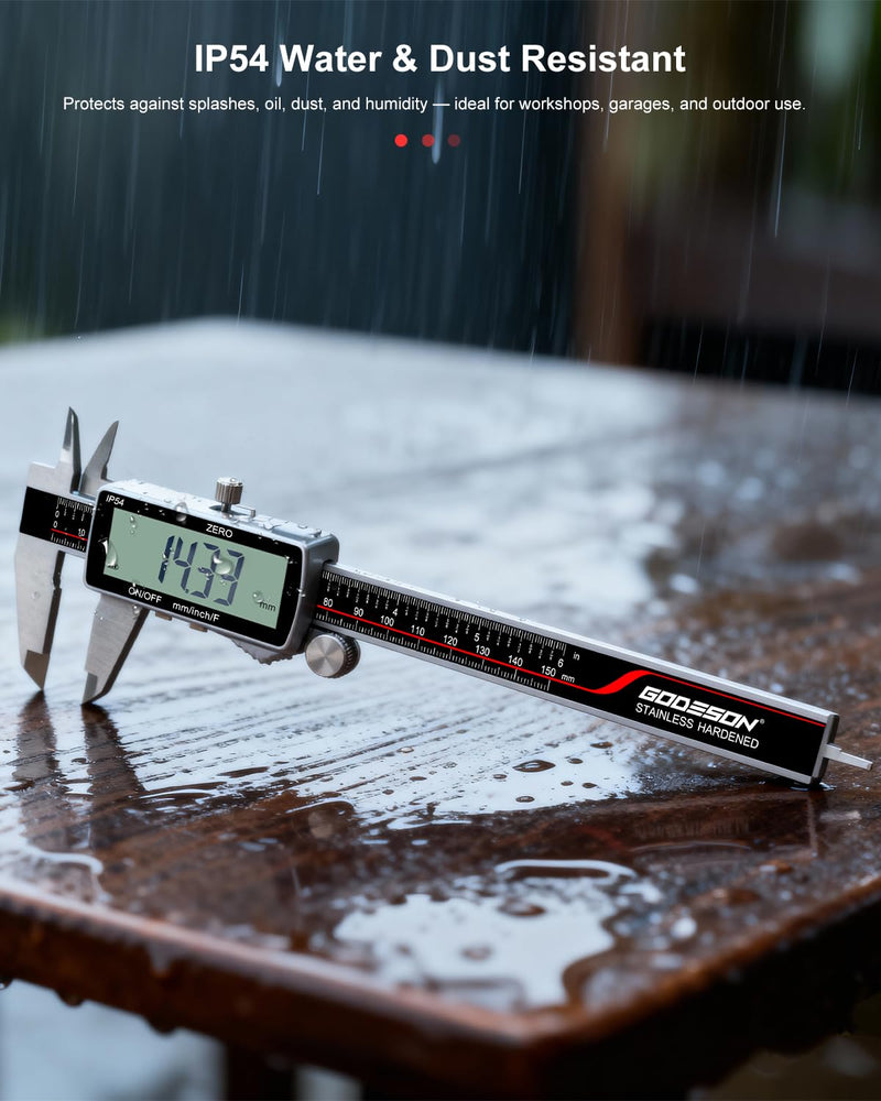 [Australia - AusPower] - GODESON Digital Caliper, Rechargeable Digital Micrometer-IP54 Waterproof, Stainless Steel & Large LCD Screen Caliper Measuring Tool-Inch/Metric/Fraction,6" Calipers-Auto Off for Pros & DIYers 