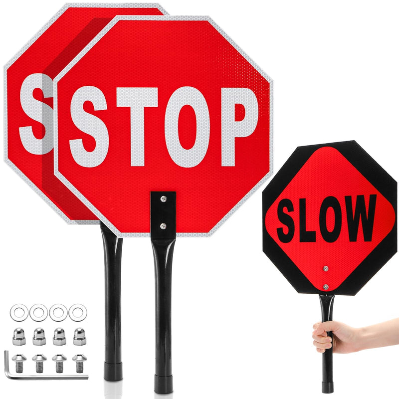 2 Pieces Stop Slow Signs, 13'' Hand Held Stop Slow Signs with Metal Handle, Double Sided Stop Slow Paddles for Flaggers, Crossing Guard, Traffic, Walking, Pedestrian