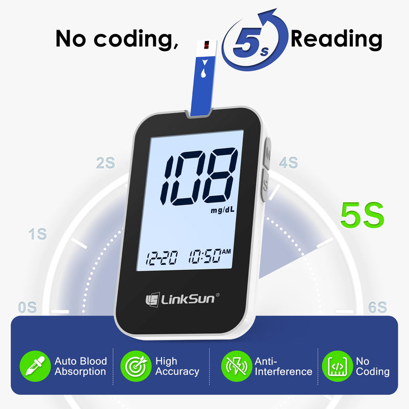 LinkSun G-425-2V Blood Glucose Monitor Kit, 100 Test Strips, 100 Lancets, High Accuracy Blood Sugar Monitor, Lancing Device, Control Solution & Travel Diabetic Organizer Bag, Large Display, No Coding