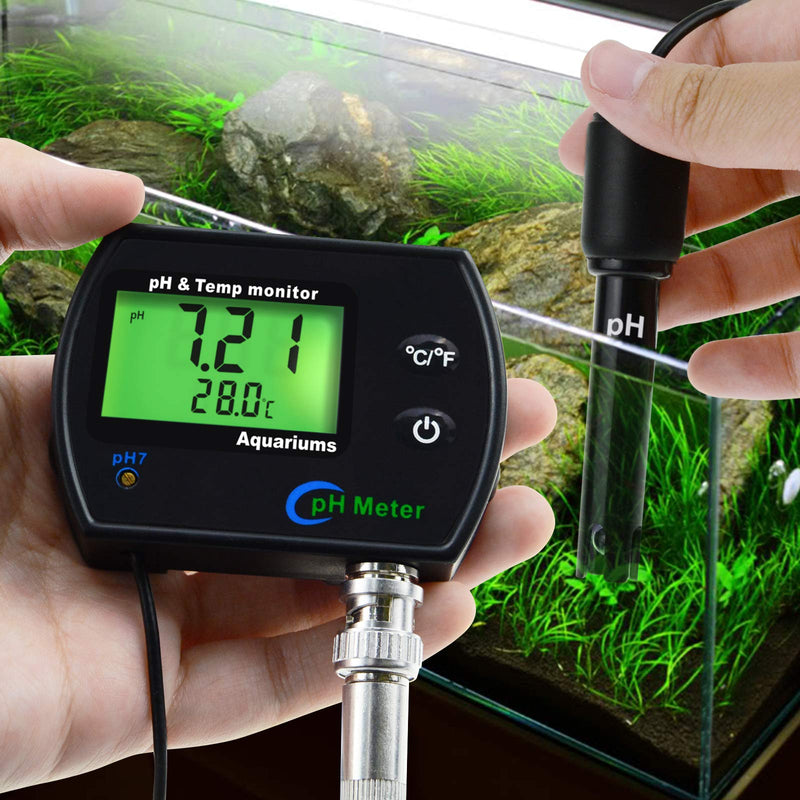 2 in 1 pH & Temperature Monitor, pH Meter with Backlight Function, Dual Display 0.00~14.00pH °C/ °F Water Quality Tester pH Monitor for Water, Fish Tank, Aquarium, Hydroponics, Pools pH/Temp Meter